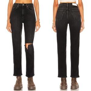RE/DONE 70s Straight Jeans Women’s Size 24 Black Washed Noir Distressed Hole